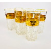 Vintage Schwerer Kristall + Gold Highball/Wassergläser - Blume Goldband Mit Goldrand Oben 6Er-Set | 6 von ChenuzAtelier