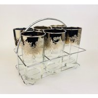 Vintage Silber Ombre Fade Highball Gläser Set Mit Sechs | 6 - Rose Flower Geprägte Top Metall Chrom Caddy von ChenuzAtelier