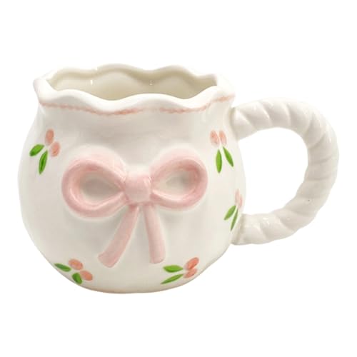Chenxi Studio Weißer Porzellan-Reisebecher mit kunstvollen, handgekniffenen Schleifen, Kaffeetasse, spülmaschinenfest, Geschirrschleifen, Kaffeetasse von Chenxi Studio
