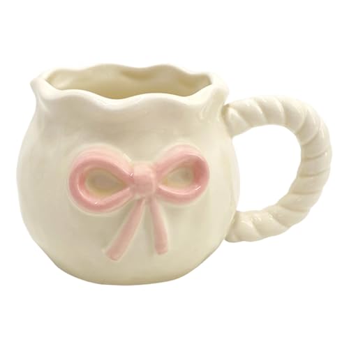 Chenxi Studio Weißer Porzellan-Reisebecher mit kunstvollen, handgekniffenen Schleifen, Kaffeetasse, spülmaschinenfest, Geschirrschleifen, Kaffeetasse von Chenxi Studio