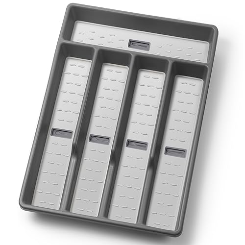 CherHome Besteck-Organizer mit Besteck-Symbolen, Bestecktablett für Küchenschublade, Kunststoff, Besteck, Geschirr, Schubladen-Organizer mit rutschfestem TPR-Futter, 5 Fächer (dunkelgrau) von CherHome