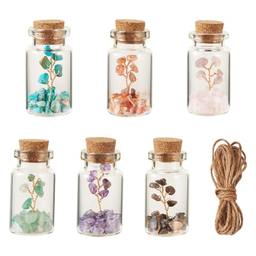 Cheriswelry 12 Stück 6 Stile transparente Glas-Wunschflaschen-Dekoration mit Baum des Lebens Edelsteinperlen Chips innen mit Jutekordel für DIY Schmuckherstellung Basteln Heimdekoration von Cheriswelry