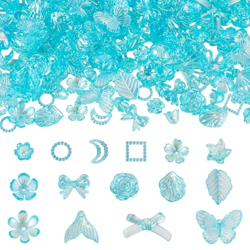 Cheriswelry 182 transparente Acrylperlen, verschiedene AB-Farbe, Blume, Fischschwanz-Blatt, Abstandshalter, niedlicher Kunststoff-Charm, Großpackung für Schmuckherstellung, Bastelbedarf, Blau von Cheriswelry