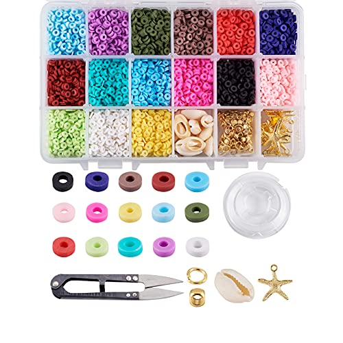 Cheriswelry 5700pcs 4mm flache runde Polymer Clay Perlen Kits mit 15 Farben Scheibe Heishi Perlen Seestern Charms Muschel Messing Perlen Abstandhalter Perlenfaden für die Schmuckherstellung von Cheriswelry