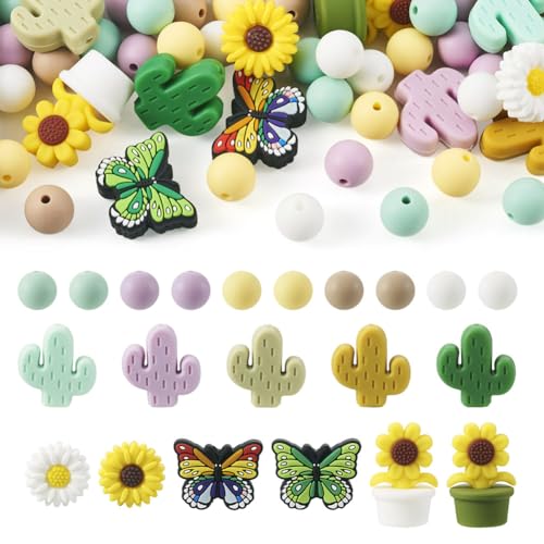 Cheriswelry 72 Silikonperlen in 16 Stilen, Kaktus, Sonnenblume, Schmetterling, Gummiperlen für selbstgemachte Halsketten und Armbänder von Cheriswelry