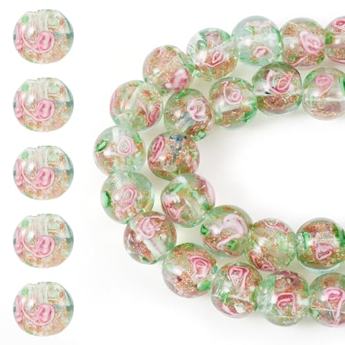 Cheriswelry Lampwork-Perlen mit Blume, 10 mm, transparent, rund, Glas-Abstandshalter, handgefertigt, Goldsandperlen für Schmuckherstellung, Halsketten, Bastelarbeiten, Grün, 40 Stück von Cheriswelry
