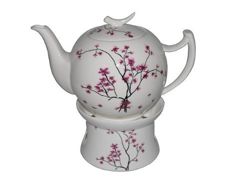 Cherry Blossom Teekanne 1,5L + Stövchen Bone China von TeaLogic - White Cherry