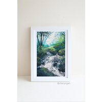 Wasserfall Gouache Kunstdruck, A4 Malerei, Landschaft Wanddeko, Aquarell Postkarte, A5, A6 von CherryNgArtPainting