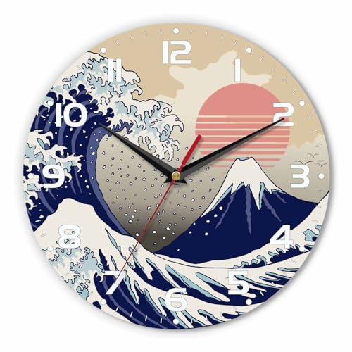 Wanduhr mit japanischem Wellenmotiv, abstrakte Sonnenaufgang-Landschaftsuhr, 25,4 cm, leise, nicht tickende Uhren, batteriebetrieben für Wohnzimmer, Küche, Schlafzimmer, Waschküche von Cherytre
