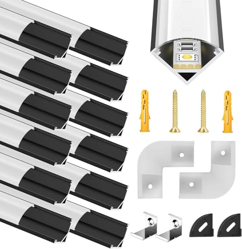 12 Pack LED Kanal Schwarz für 12mm Led Streifen, V Form Aluminium Profil Leiste Schiene Alu Profil, Stripes Aluprofil mit Milchiger Weißer Abdeckung, Strip Diffusor mit 45 Grad Eckverbindern von Chesbung