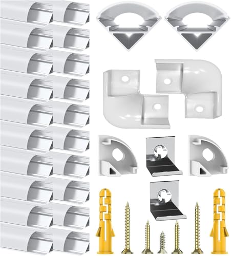 Chesbung LED Aluminium Kanal 20x1m, V Form Stripe Profil für LED Streifen/Stripe bis 12 mm inkl, Leiste Diffusor Profile mit Milchig Weißer Abdeckung, Endkappen, Montageclips und 45 Grad Eckverbindern von Chesbung