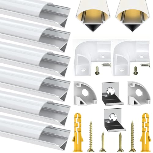 Chesbung LED Aluminium Profil für 12mm Led Streifen, 6X1m Stripes Schiene Strip Aluprofil V Form Alu Profil Leiste Kanal with Milchig Weißer Abdeckung, Stripe Diffusor mit 45 Grad Eckverbindern von Chesbung