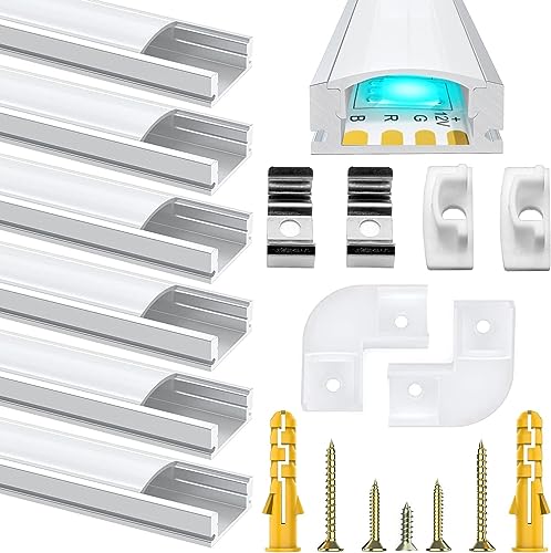 Chesbung LED Aluminium Profil 1m, U-Form LED-Kanäle für LED Strips/Band bis 12 mm inkl. Led Profile with Milchig Weißer Abdeckung, LED-Diffusoren mit Endkappen, Montageclips und Eckverbindern von Chesbung