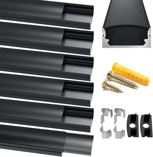 Chesbung LED Aluminium Profil Schwarz, 6X1m U Form Kanäle Leisten Profil, LED Eckprofil Aluprofil für LED Streifen (1-12mm), mit Endkappen, Metall Befestigungs Clips und Montagematerial von Chesbung