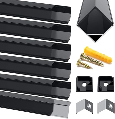 Chesbung LED Aluminium Profil Schwarz for LED Streifen, 6X1m Leisten Profil V Form Kanal Eckprofil Diffusor Leiste Alu Profile mit Endkappen, Metall Befestigungs Clips und Montagematerial von Chesbung