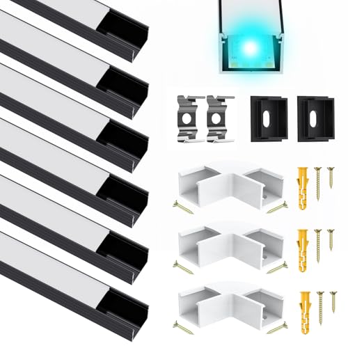 LED Kanal Aluminum Profil Schwarze für Bis zu 16mm Streifen, U Form Leiste Aluprofil Diffusor mit Milchiger Weißer Abdeckung, Stripe Schiene Geeignet für Philips Hue LED Streifen/Strip/Band Plus von Chesbung