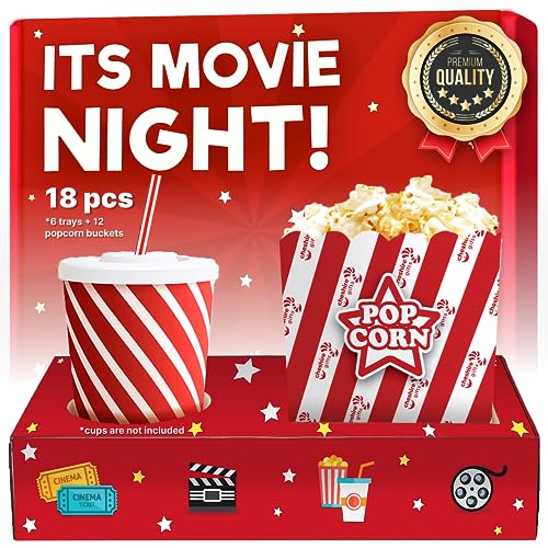 Movie Night Supplies Popcorn-Eimer (12 Karat) & Snack-Tabletts (6 kt) – Kino-Dekor & Popcorn-Schalen für Familienfilmabend, Popcorn-Tüten, einzelne Portionen und Snack-Tabletts für Filmabende, 18 von Cheshire Gifts