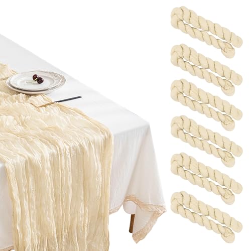 CheurYae 6 Stück Cheesecloth Tisch Läufer 90x300cm,Rustikale Gaze Stoff Tisch Läufer,Semi-Sheer Gaze Tisch Läufer,Boho Tisch Läufer für Hochzeit Party Braut Dusche Tisch Dekorationen (Beige) von CheurYae