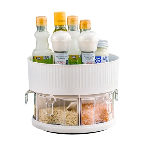 CheurYae Drehteller Schrank Organizer, Double Gewürzregal Organiser Storage Multi-Functional Spice Rack Cupboard Condiment Rotating Tray (Weiß) von CheurYae