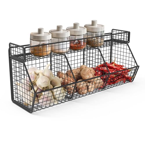 Obstkorb Hängend,Obstschale große Wand für Küche,Metall Hängender Obstkorb mit 3 Netzen,Stapelbar Gemüsekorb für Gemüse, Obst, Brot, Saucen von CheurYae