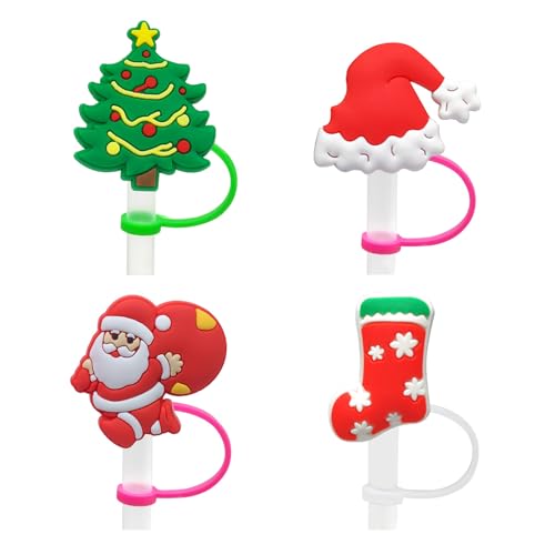 4pcs Weiche Silikon Strohabdeckungen Staubdes Trinkstrohkappen Weihnachts Cartoon Abdeckkappen Ornament Covers Wiederverwendbar von Chevnzev
