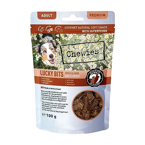 Chewies Lucky Bits Hirsch & Huhn Adult Hundeleckerli - Hunde-Leckerlis getreidefrei & Soft mit viel Protein und Superfoods wie Bierhefe oder Ginkgo, ohne Zucker (100 g) von Chewies