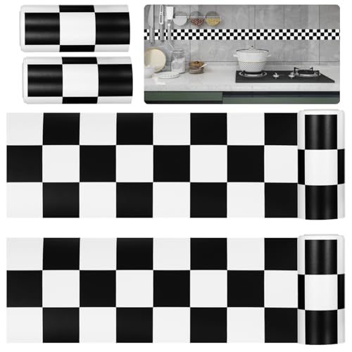 Tapetenbordüre mit karierter Flagge, einfaches Anbringen und Zuschneiden, 2,7 m, selbstklebender PVC-Wandaufkleber, vier Rollen für Badezimmer, Küche und Auto, schwarz-weißes Karomuster Tapetenbordüre mit karierter Flagge, einfaches Anbringen und Zuschneiden, 2,7 m, selbstklebender PVC-Wandaufkleber, vier Rollen für Badezimmer, Küche und Auto, schwarz-weißes Karomuster von Chewtoyo