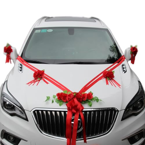 Premium Autoschmuck Hochzeit Motorhaube, Auto Schmuck Braut Paar Rose Blumen Deko, Auto Wedding Deko Girlande, Rot Rosendekoration,Hochzeitsauto Dekorationsset mit Extrastarken Saugnäpfen und Band von Chexin