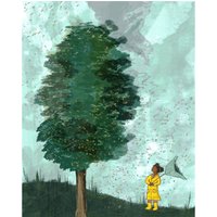 Kindred Spirits - Mixed Media Kunstdruck Blustery Walk, Tall Tree, Little Girl, Windy, Umbrella Original Illustration Von Gisele Chastain von ChezGiseleStudio