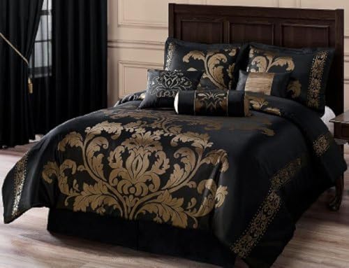 Chezmoi Collection 7-teilig Royale Jacquard Floral Tröster Set, Full/Double, schwarz/Gold von Chezmoi Collection