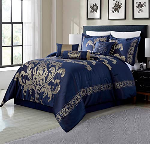 Chezmoi Collection 7-teiliges Jacquard-Bettwäsche-Set mit Blumenmuster (California King, Marineblau/Gold) von Chezmoi Collection