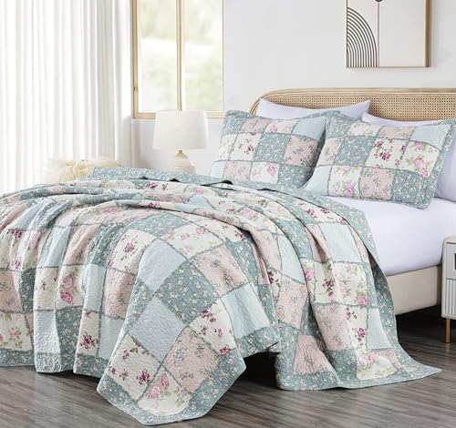 Chezmoi Collection Abbi 3-teiliges Shabby Chic Bettwäsche-Set für King-Size-Betten, vorgewaschene Baumwolle, Blumenmuster, Tagesdecke, gerüscht, Patchwork-Steppdecke, King-Size-Größe Chezmoi Collection Abbi 3-teiliges Shabby Chic Bettwäsche-Set für King-Size-Betten, vorgewaschene Baumwolle, Blumenmuster, Tagesdecke, gerüscht, Patchwork-Steppdecke, King-Size-Größe von Chezmoi Collection