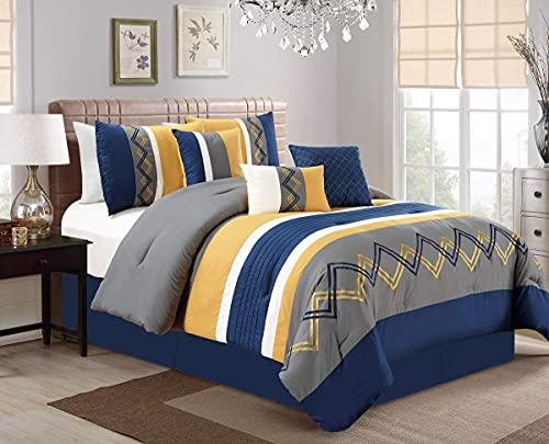 Chezmoi Collection Arden 7-teiliges modernes Bettwäsche-Set mit plissierten Streifen, Bestickt, Zick-Zack-Bettwäsche-Set (Queen, Marineblau/Grau/Gelb/Weiß) von Chezmoi Collection