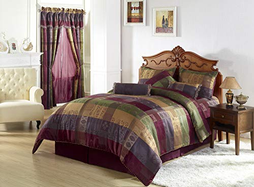 Chezmoi Collection Gitano Jacquard Patchwork-Bettwäsche-Set, 7-teilig, Mehrfarbig, für King-Size-Betten, Burgunderrot von Chezmoi Collection