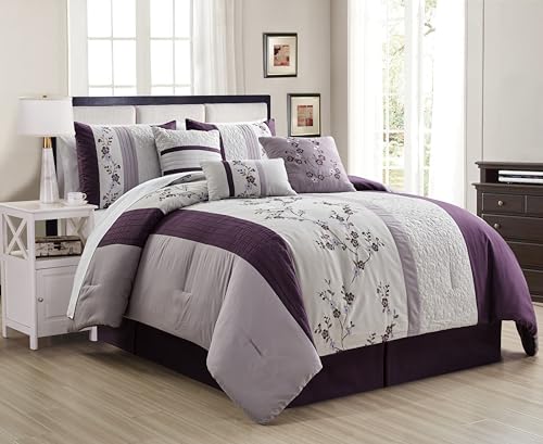 Chezmoi Collection Linnea 7-teiliges Luxus-Bettdecken-Set, Kirschblüten-Blumenstickerei, Violett/Lavendelgrau von Chezmoi Collection