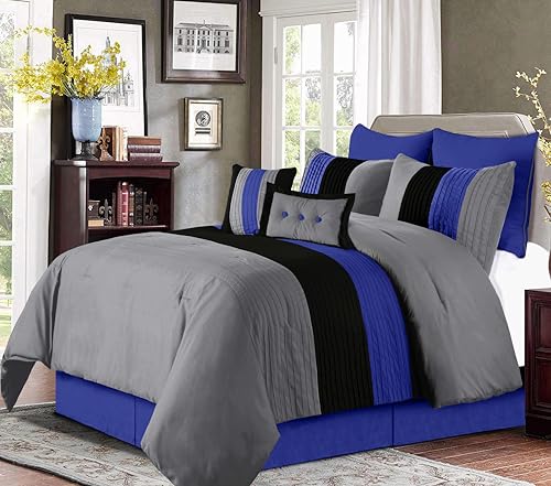 Chezmoi Collection Loft 8-teiliges Queen-Bettwäsche-Set, grau/blau/schwarz, luxuriöse gestreifte Bettwäsche für alle Jahreszeiten von Chezmoi Collection