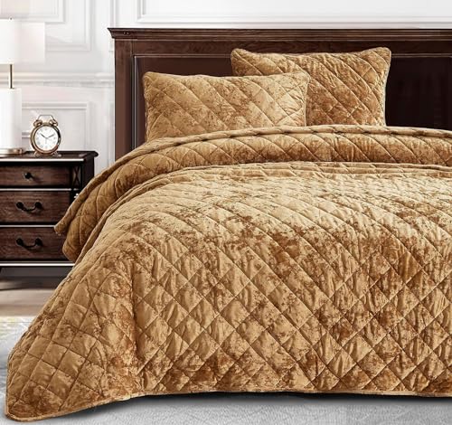 Chezmoi Collection Lux Caramel Gold Velvet Quilt Oversized King Set, 3-teiliges Plüsch-Bettwäsche, Used-Samt, Ganzjahres-Bettwäsche, leichte Steppdecke, gebürstete Mikrofaser, Rückseite mit von Chezmoi Collection