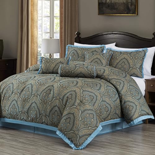 Chezmoi Collection Pierre Bettdecken-Set, Queen-Size, 7-teilig, blau-goldfarbenes Medaillon, Paisleymuster, Jacquard-Bettwäsche-Set von Chezmoi Collection