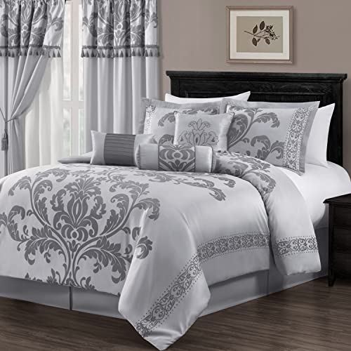 Chezmoi Collection Royale 7-teiliges Jacquard-Bettwäsche-Set mit Blumenmuster, übergroßes Kingsize-Bett, Silber/Grau von Chezmoi Collection