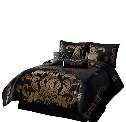 Chezmoi Collection Royale Bettdecken-Set mit Jacquard-Blumenmuster, 7-teilig, Kingsize, Schwarz/Gold, Polyester-Mischgewebe, King Size von Chezmoi Collection