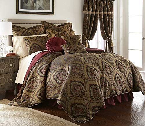 Chezmoi Collection Sevilla-Burgundy-Com-King Schmusetuch Set mit 9 Teilen, Jacquard, Schwarz/Gold/Kastanienrot, Medaillon mit Paisleymuster von Chezmoi Collection
