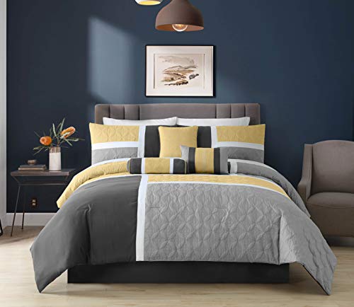 Chezmoi Collection Upland Bett-Set, 7-teilig, gesteppt, Patchwork, gelb/Kohleschwarz/grau, Königin von Chezmoi Collection