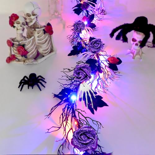 Halloween-Girlande mit Lichtern, violette und blaue LED-Lichter, Glitzer, lila, Rose, schwarze Ahornblätter, weiße Skeletthände und tote Zweige, Girlande, Kränze für Haustür, Halloween, Innenbereich von ChiRee