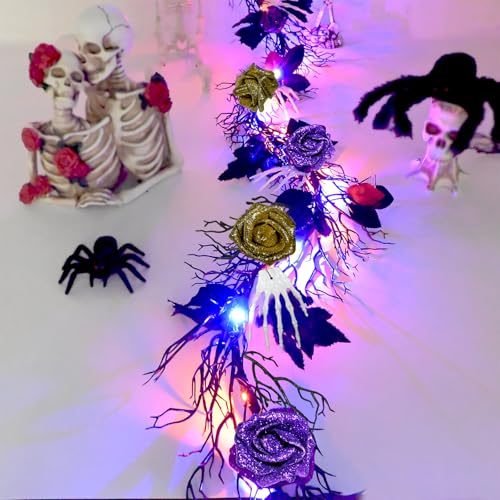 Halloween-Girlande mit violetten und blauen LEDs, tote Zweige, glitzernd, violette und goldene Rosen, weiße Skeletthände, schwarze Blätter, Girlande, Kranz mit Lichtern für Zuhause, Innenbereich Halloween-Girlande mit violetten und blauen LEDs, tote Zweige, glitzernd, violette und goldene Rosen, weiße Skeletthände, schwarze Blätter, Girlande, Kranz mit Lichtern für Zuhause, Innenbereich von ChiRee