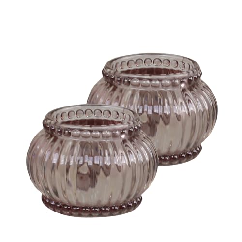 2er Set Teelichtgläser Teelichthalter mit Rillen & Perlenkante aus Glas in Taupe Vintage, H5/D7 cm von Chic Antique