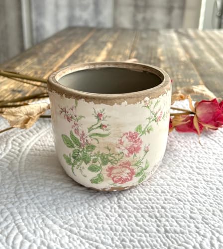 Chic Antique Blumentopf Übertopf Pflanzentopf klein mit Rosennmuster H 9 cm Ecru Keramik Shabby Landhaus Vintage von Chic Antique