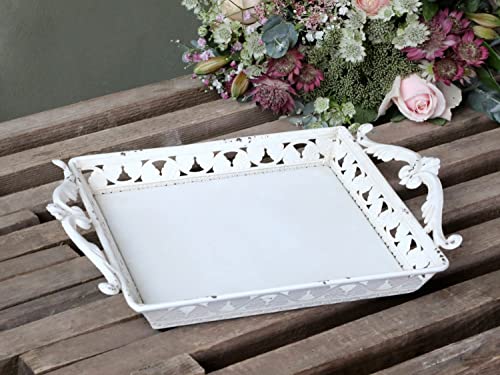 Chic Antique Tablett mit Griff + Dekor Tablett Antik Creme Shabby Metall/MDF von Chic Antique