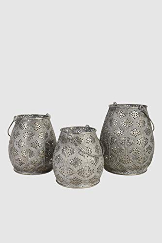 Hängewindlicht Laterne mit Glaseinsatz grau Laterne Metall antik grau oder Silber Verschiedene Formen und Größen (95447 Fionn Ø12xH13cm) von Chic Antique