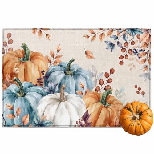 Chic D Fußmatte für den Innenbereich, orangefarbener Kürbis, Bodenmatte, rutschfest, saugfähig, blaue Kürbisblätter, Fußmatte für Badezimmer, Küche, Haustür, 76,2 x 45,7 cm Chic D Fußmatte für den Innenbereich, orangefarbener Kürbis, Bodenmatte, rutschfest, saugfähig, blaue Kürbisblätter, Fußmatte für Badezimmer, Küche, Haustür, 76,2 x 45,7 cm von Chic D