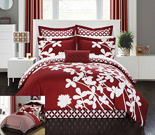 Chic Home 7 Piece Iris Reversible Large Scale Floral Design Printed with Diamond Pattern Reverse Comforter Set, Queen, Red von Chic Home